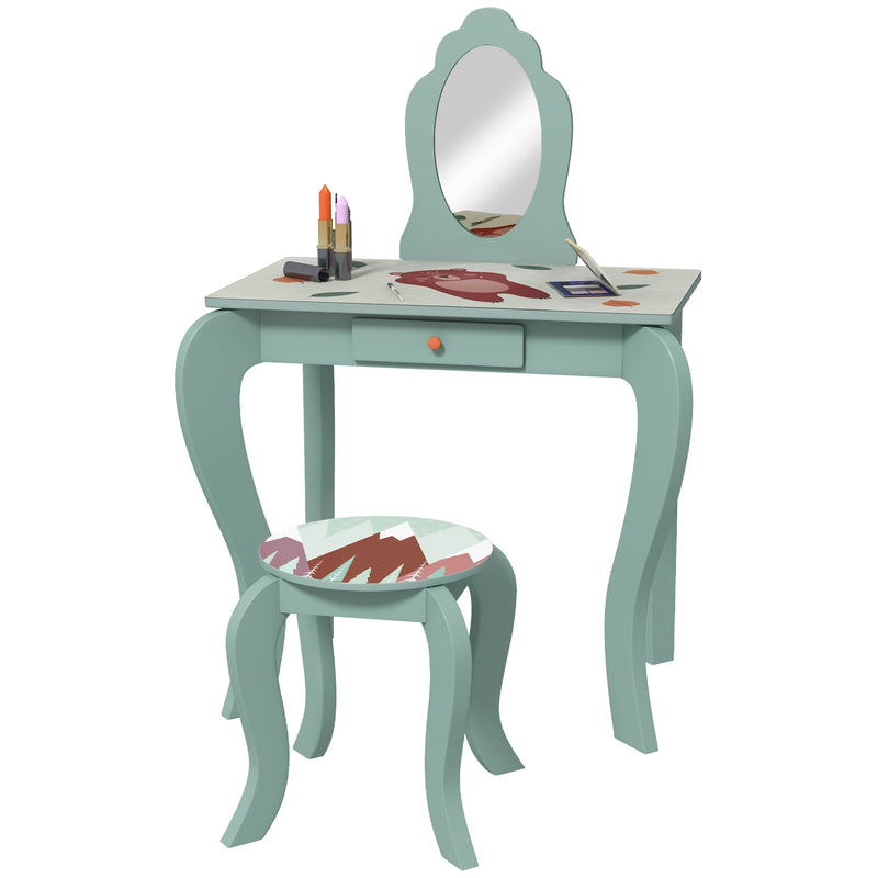 Kids Dressing Table with Mirror and Stool, Girls Vanity Table Makeup Desk with Drawer, Cute Animal Design, for 3-6 Years - Green