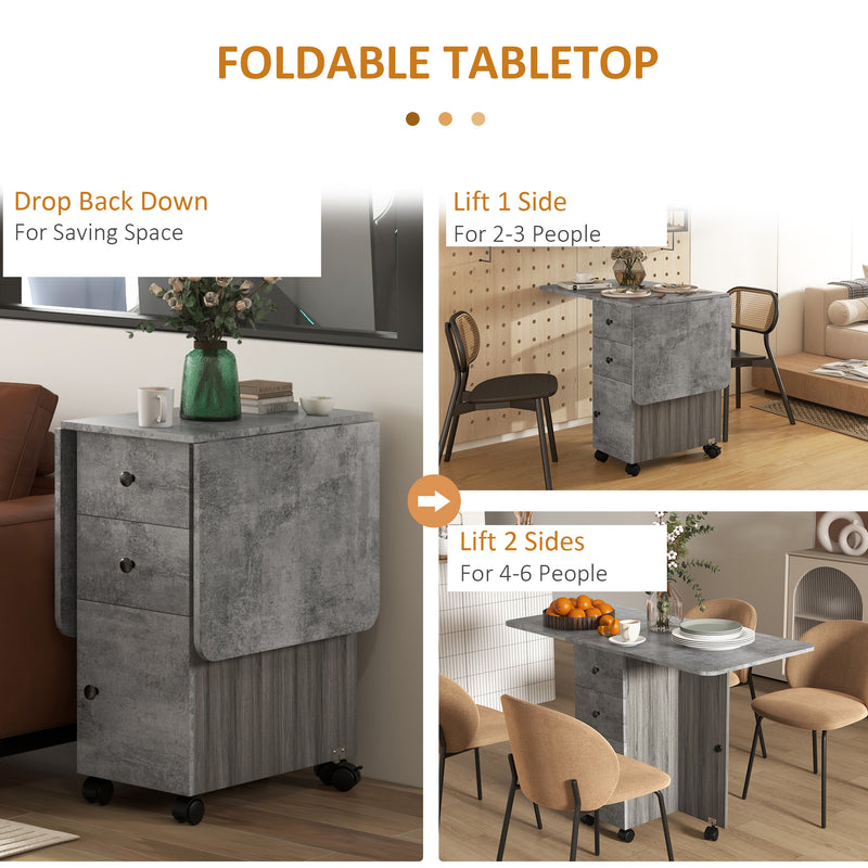 Foldable Dining Table, Drop Leaf Table with Drawers and Storage Cabinet
