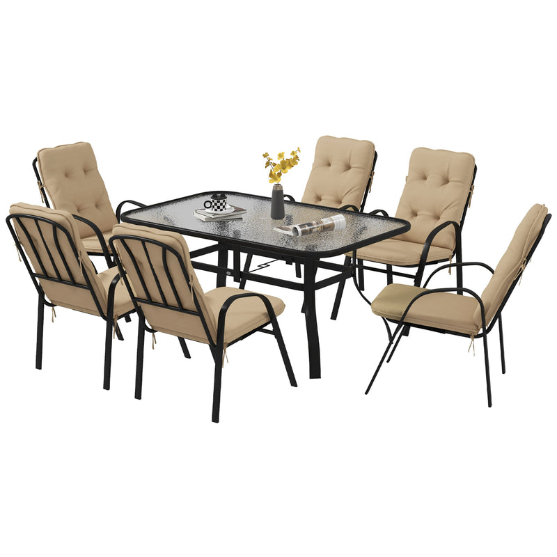 7 Piece Garden Dining Set, Outdoor Dining Table and 6 Cushioned Armchairs, Tempered Glass Top Table w/ Umbrella Hole, Texteline Seats, Beige
