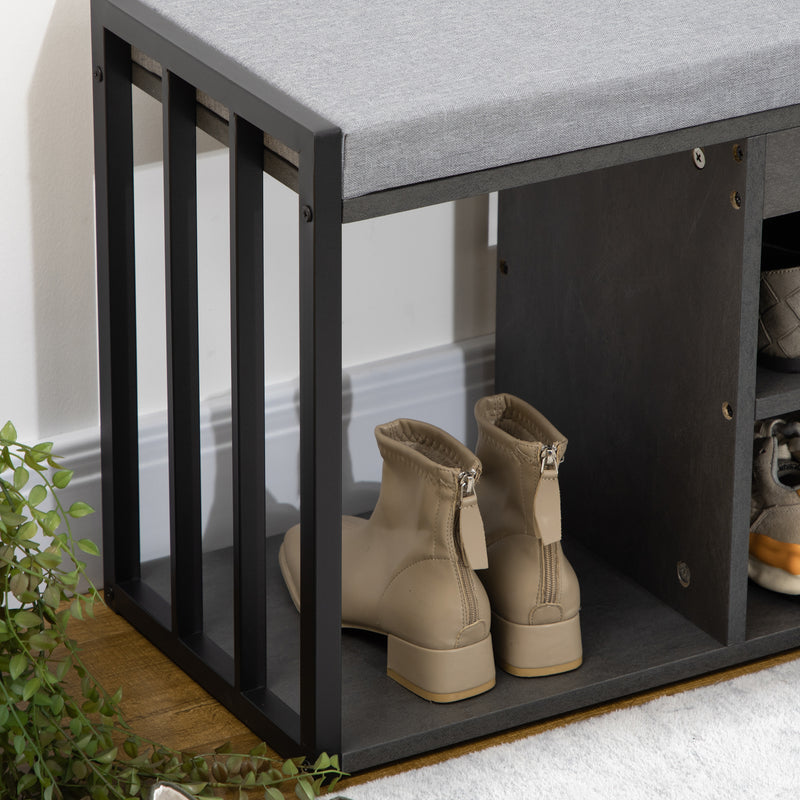 Shoe Storage with Seat, Upholstered Entryway Bench, Shoe Bench with 3 Open Shelves for Hallway, Grey