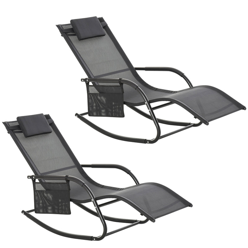 2Pcs Garden Rocking Chair, Patio Sun Lounger Rocker Chair w/ Breathable Mesh Fabric, Removable Headrest Pillow, Side Storage Bag, Black