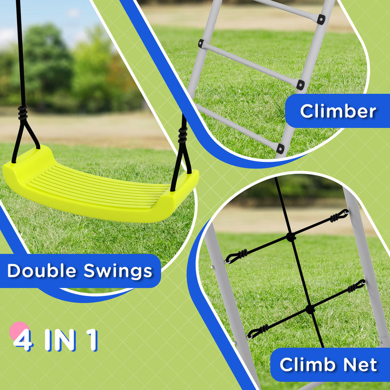 4 in 1 Metal Garden Swing Set with Double Swings Climber Climbing Net Green