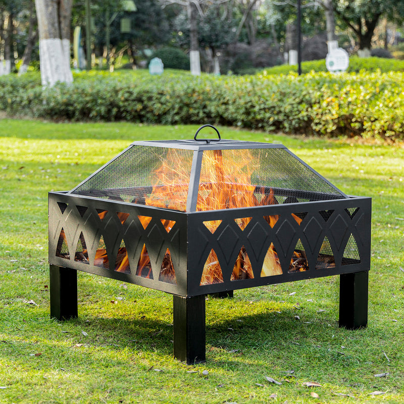 Outdoor Fire Pit with Screen Cover, Wood Burner, Log Burning Bowl with Poker for Patio, Backyard, Black