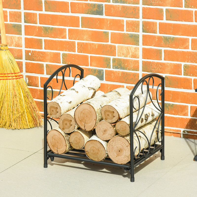 Firewood Log Rack Fireplace Log Holder Wood Storage Rack with Side Scrolls, for Outdoor and Indoor use, 39.5 x 31.5 x 39.5cm, Black