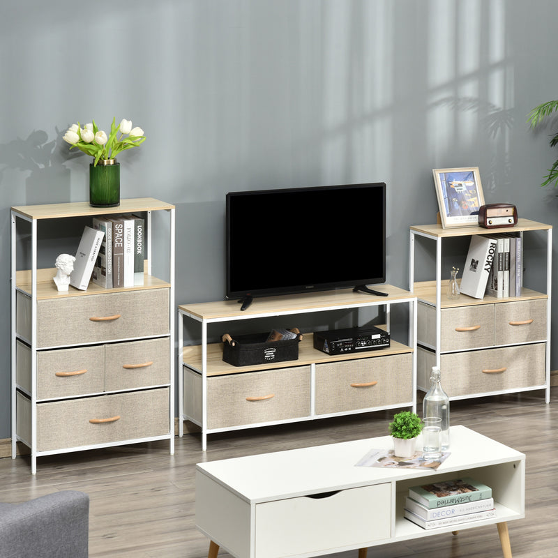 TV Cabinet, TV Console Unit with 2 Foldable Linen Drawers, TV Stand with Shelving for Living Room, Entertainment Room, Maple Wood Effect