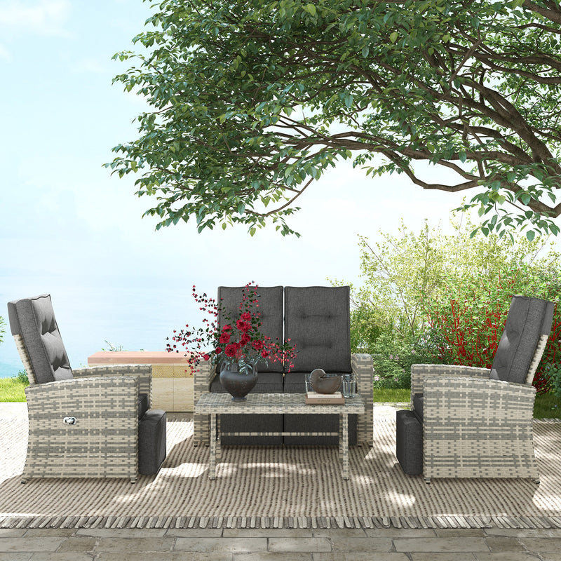4 Piece Rattan Garden Furniture Set Outdoor Sofa Sectional Set with Glass Top Table for Yard, Poolside, Light Grey