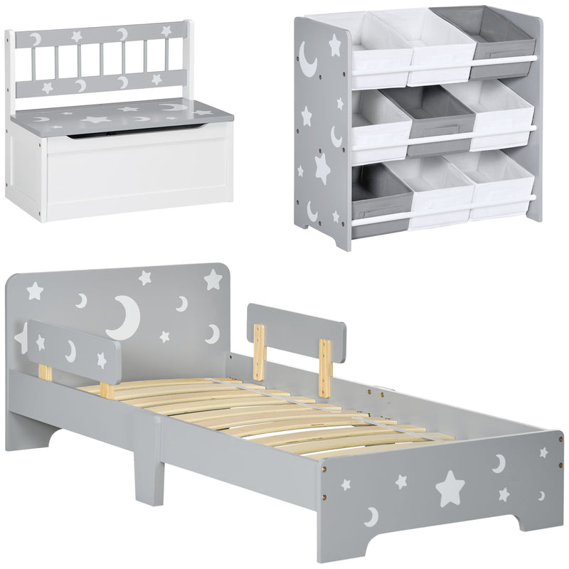 3PCs Kids Furniture Bedroom Set with Bed, Toy Box Bench, Storage Unit with Baskets, Star and Moon Patterns, for 3-6 Years Old Boys Girls, Grey