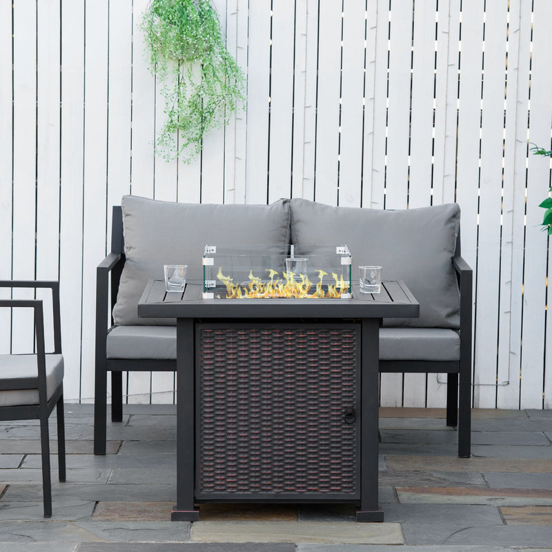 Square Propane Gas Fire Pit Table, 50000 BTU Rattan Smokeless Firepit Patio Heater w/ Glass Screen, Beads and Lid, 82cm x 82cm x 66cm, Black