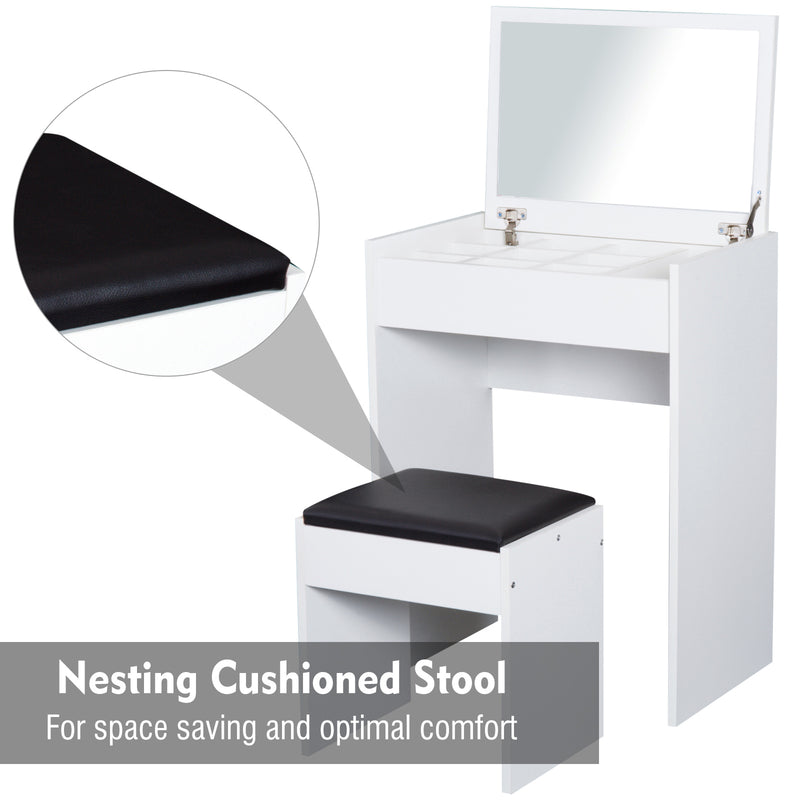 Dressing Table Set Padded Stool Dresser with Flip-up Mirror Multi-purpose - White