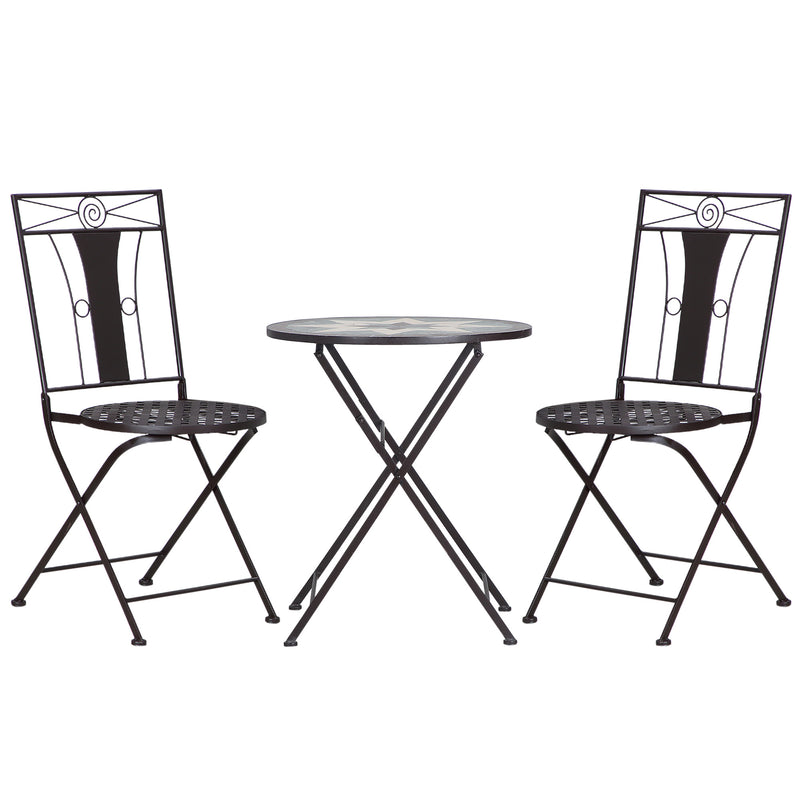 3-Piece Patio Bistro Set, Mosaic Table and 2 Armless Chairs with Foldable Design, Metal Frame for Garden, Poolside, Coffee