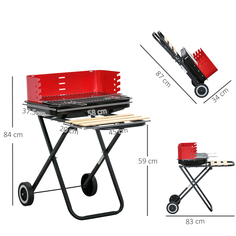 BBQ Grill Charcoal Barbecue Grill Garden Foldable BBQ Trolley w/ Windshield, Wheels, Side Trays, Red/Black
