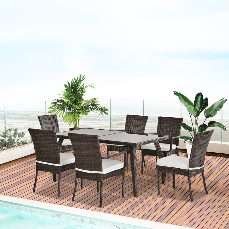 6-Seater Rattan Dining Set | 6 Wicker Weave Chairs & Tempered Glass Top Dining Table 6 Seater Outdoor Backyard Garden Furniture, Brown