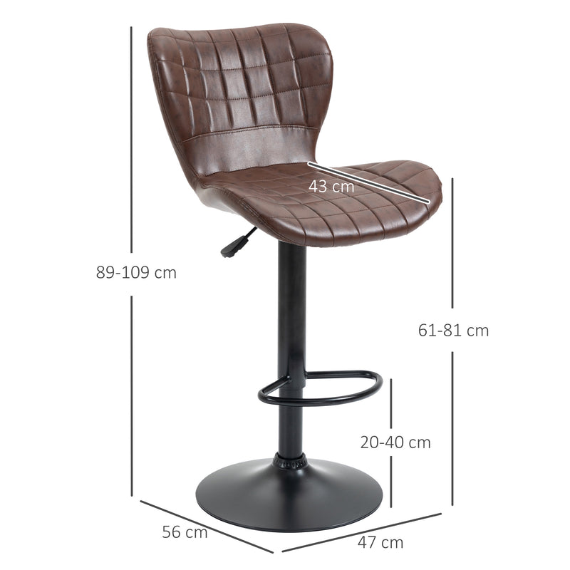 Bar Stools Set of 2 Adjustable Height Swivel Bar Chairs in PU Leather with Backrest & Footrest, Brown