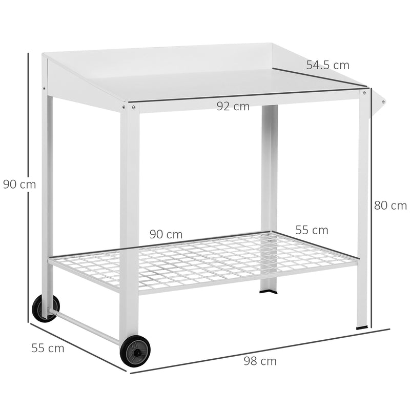 Garden Outdoor Metal Potting Table Bench Planting Workstation Push Cart with Wheels Side Hanger - White