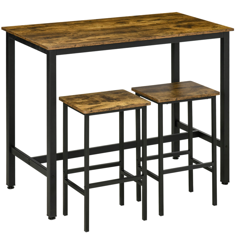 Industrial Bar Table Set, Breakfast Table with 2 Stools, 3-Piece Counter Height Dining Table & Chairs for Kitchen, Living Room, Rustic Brown