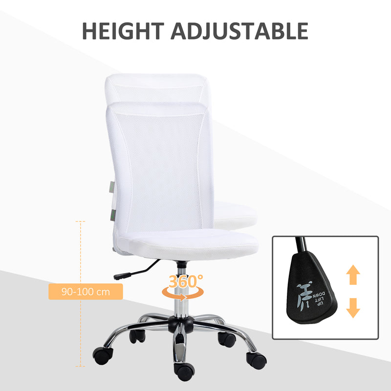 Computer Desk Chair, Mesh Office Chair with Adjustable Height and Swivel Wheels, Armless Study Chair, White