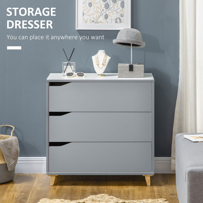Drawer Chest, 3-Drawer Storage Cabinet Unit with Pine Wood Legs for Bedroom, Living Room, 75cmx42cmx75cm, Grey