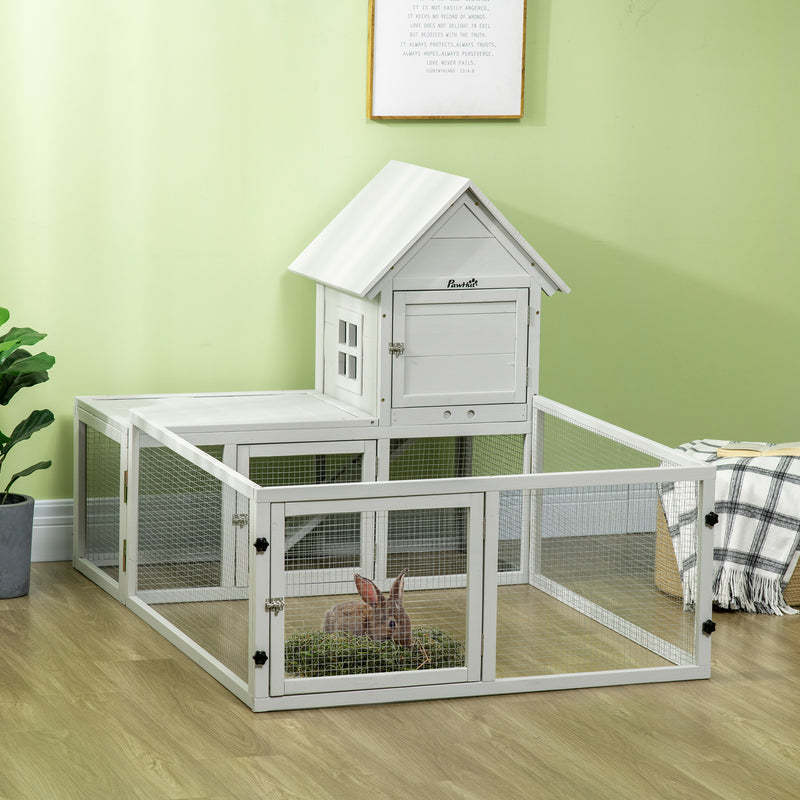 Wooden Rabbit Hutch with Extra Fenced Area, Large Guinea Pig Cage, Small Animal House for Indoor with Slide-out Tray, Light Grey