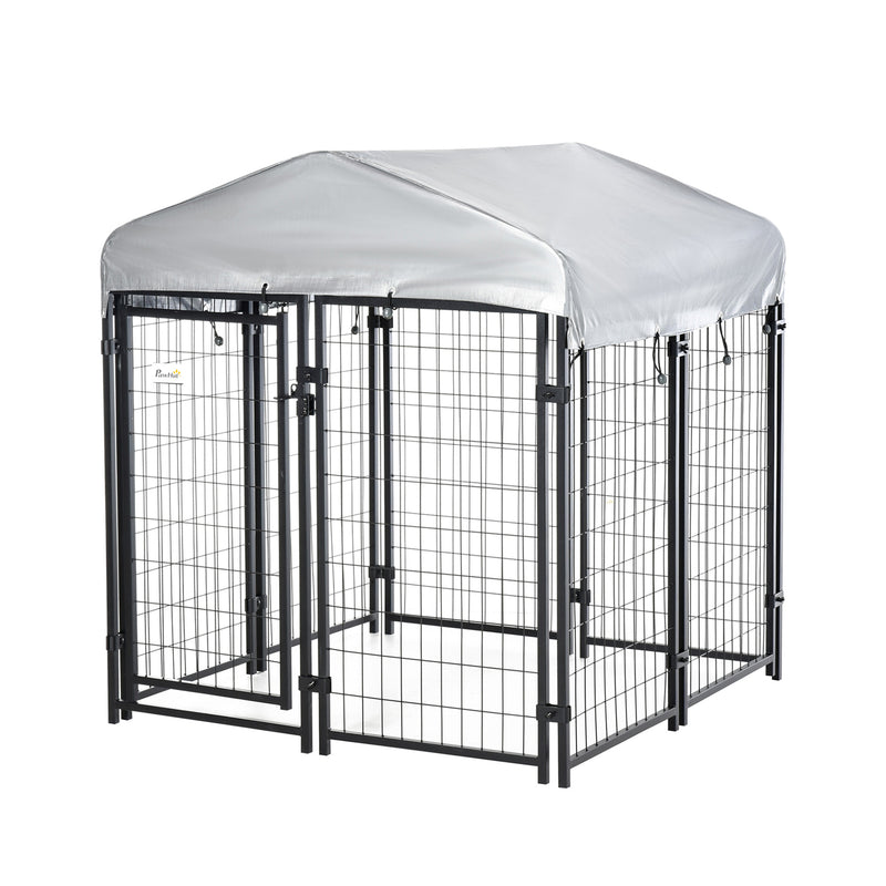 Outdoor Dog Kennel, Dog Run with UV-Resistant Canopy & Lockable Design, Metal Playpen Fence for Small and Medium Dogs, 120 x 120 x 138 cm