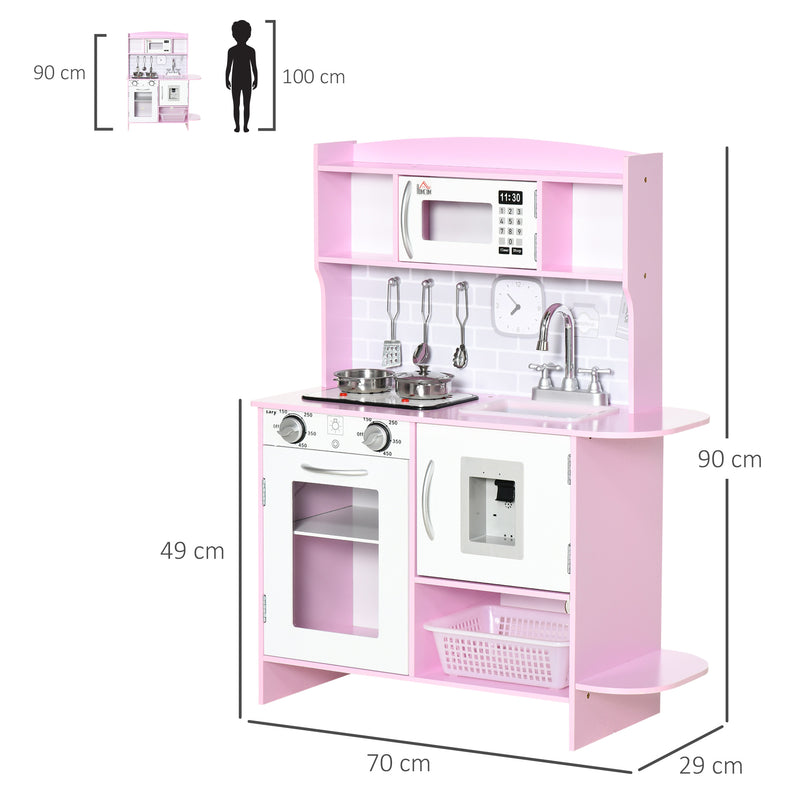 Wooden Play Kitchen with Lights Sounds, Kids Kitchen Playset with Water Dispenser, Microwave, Utensils, Sink, Gift for 3-6 Years Old, Pink