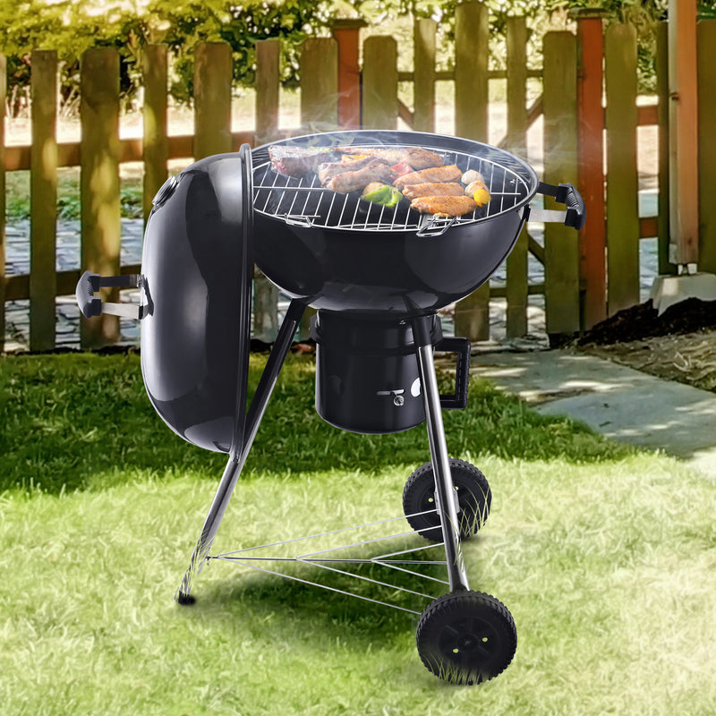 Freestanding Charcoal Barbecue Grill Garden Portable BBQ Smoker w/ Wheels, Storage Shelves and On-body Thermometer, Black