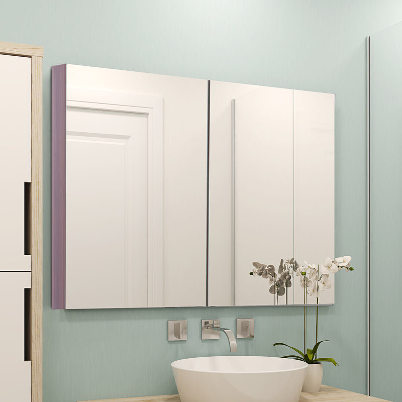 Wall Mounted Glass Bathroom Mirror Cabinet Storage Shelf, 63Wx60Hx13.5T cm-Light Walnut