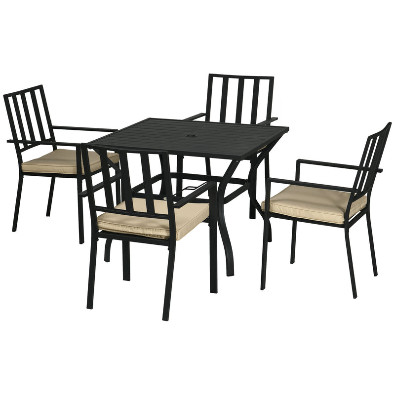 5 Pieces Garden Dining Set with Cushions, Outdoor Table and 4 Stackable Chairs, Metal Top Table with Umbrella Hole, Black
