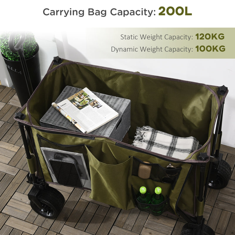 Folding Garden Trolley on Wheels, Collapsible Camping Trolley, Outdoor Utility Wagon with Steel Frame and Oxford Fabric, Green