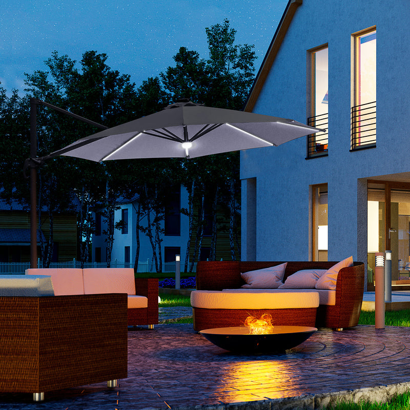 3(m) Cantilever Roma Parasol Garden Sun Umbrella Outdoor Patio with LED Solar Light Cross Base 360° Rotating, Grey