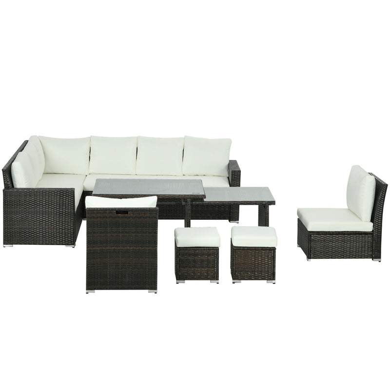 7 Piece Rattan Garden Furniture Set with Cushioned Sofa Seat, Footstools and Expandable Glass Table, 10-Seater, Cream