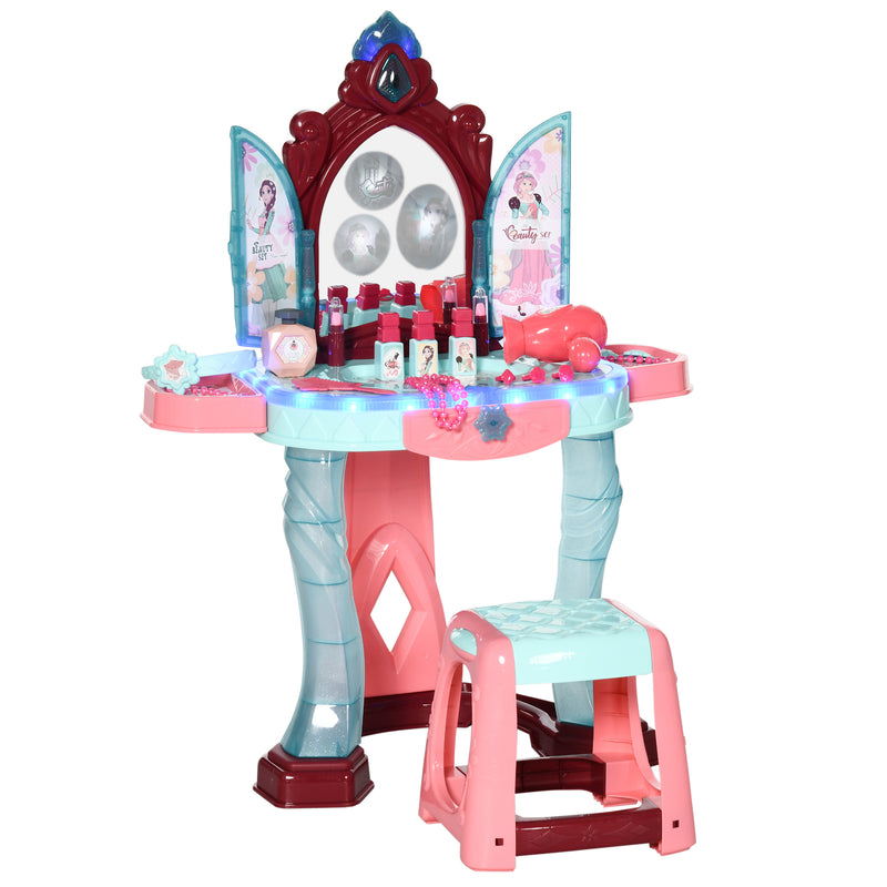 31 PCS Kids Dressing Table Set with Magic Princess Mirror, Musical Pretend Toy W/ Beauty Kit Mirror Light & Music, for 3-6 Years Old Blue+Pink
