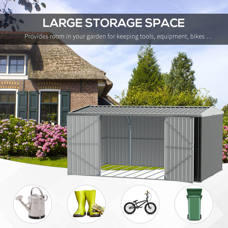 14 x 9 ft Lockable Garden Shed Large Patio Roofed Tool Metal Storage Building Foundation Sheds Box Outdoor Furniture, Grey