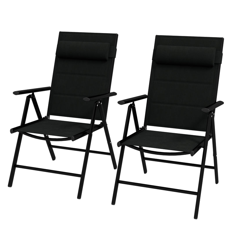 Set of 2 Patio Folding Chairs w/ Adjustable Back, Garden Dining Chairs w/ Breathable Mesh Fabric Padded Seat, Backrest, Headrest, Black