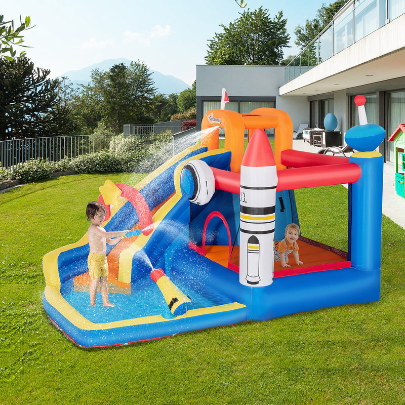 5 in 1 Kids Bounce Castle Large Water Space Style Inflatable House Slide Trampoline Pool Water Gun Climbing Wall for Kids Age 3-8
