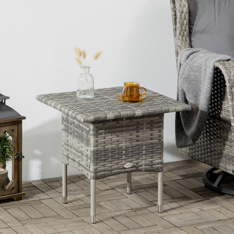 Rattan Side Table, Outdoor Coffee Table, with Plastic Board Under the Full Woven Table Top for Patio, Garden, Balcony, Mixed Grey