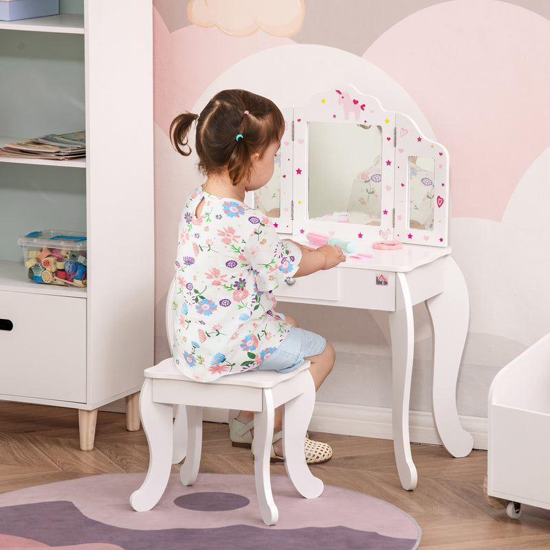 Kids Vanity Table & Stool Girls Dressing Set Make Up Desk Chair Dresser Play Set with Rotatable Mirrors Drawer Star & Heart Pattern White