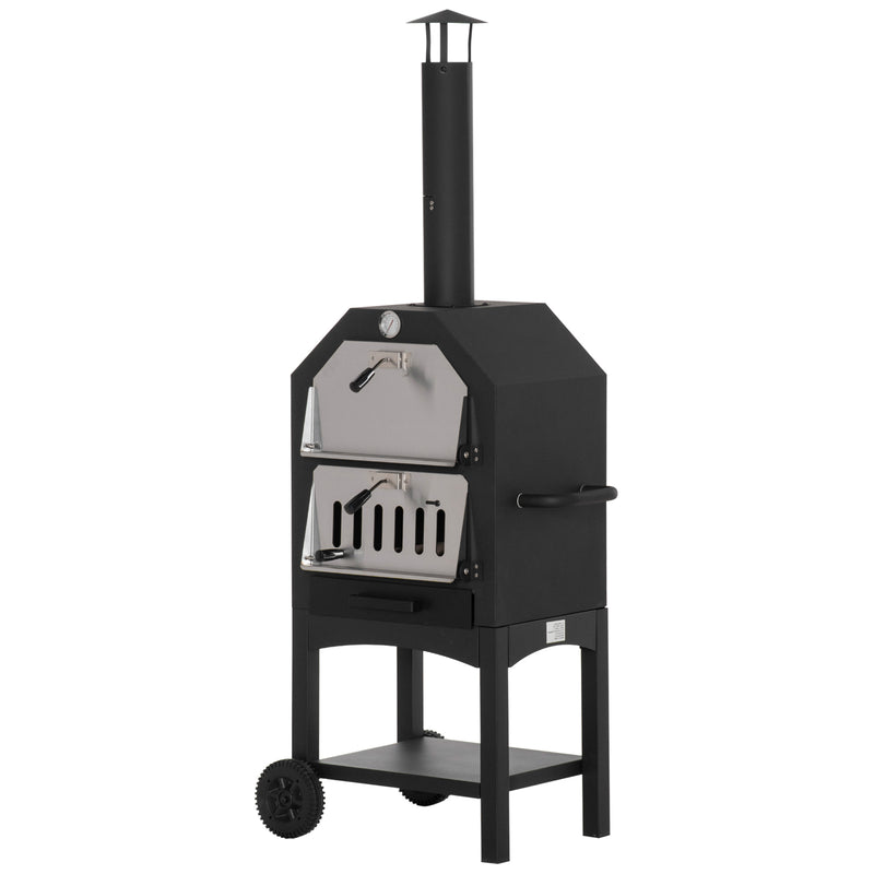 Outdoor Garden Pizza Oven Charcoal BBQ Grill 3-Tier Freestanding w/Chimney, Mesh Shelf, Thermometer Handles, Wheels Garden Party Gathering