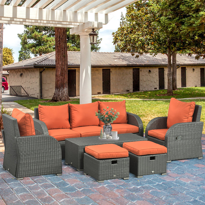 6pc Outdoor Rattan Wicker Furniture Set with 3-Seat Sofa, 2 Single Sofas, 2 Footstools and Coffee Table