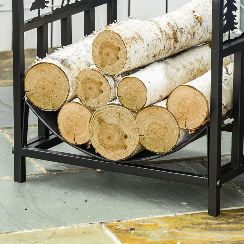 Firewood Log Rack Curved Fireplace Log Holder Wood Storage Rack with Handles, Bear Shape Design, Outdoor and Indoor, 42 x 33.5 x 43 cm, Black