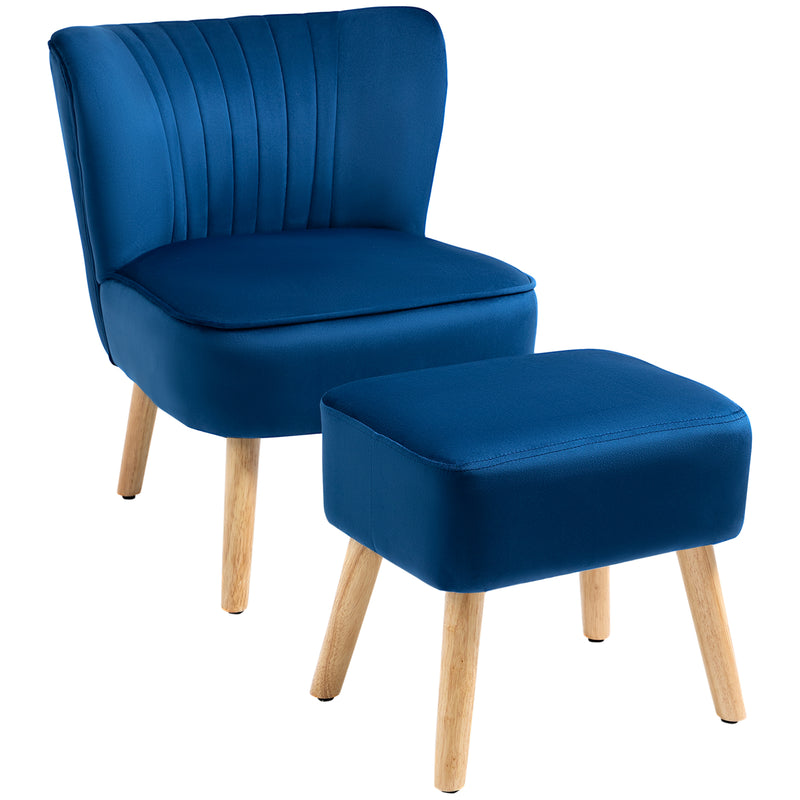 Velvet Accent Chair Occasional Tub Seat Padding Curved Back w/ Ottoman Wood Frame Legs Home Furniture, Dark Blue
