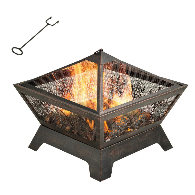Outdoor Fire Pit, Metal Square Firepit Bowl with Spark Screen, Poker for Patio, BBQ, Camping, 61 x 61 x 52cm, Black