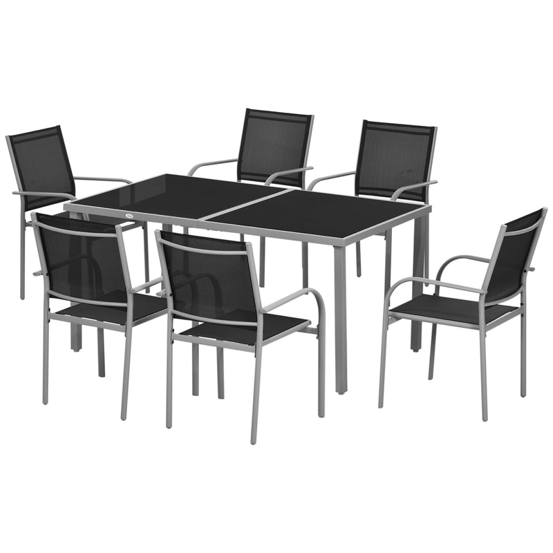 7 Piece Outdoor Garden Dining Set with Table and 6 Stackable Chairs, Steel Frame, Tempered Glass Top, Mesh Seats, Black