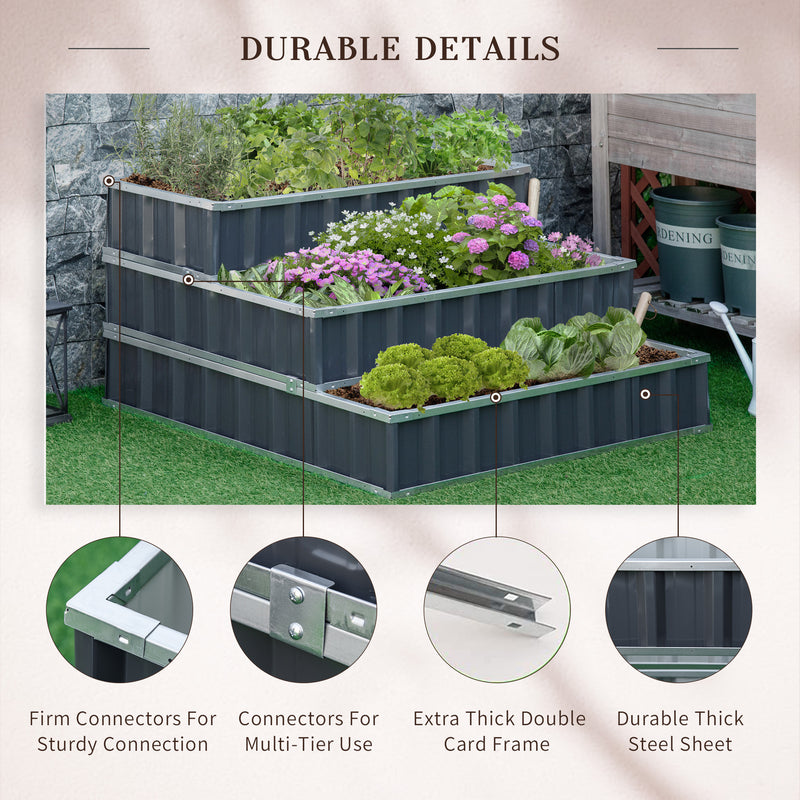 3 Tier Raised Garden Bed, Metal Elevated Planer Box Kit w/ A Pairs of Glove for Backyard, Patio to Grow Vegetables, Herbs, and Flowers, Grey