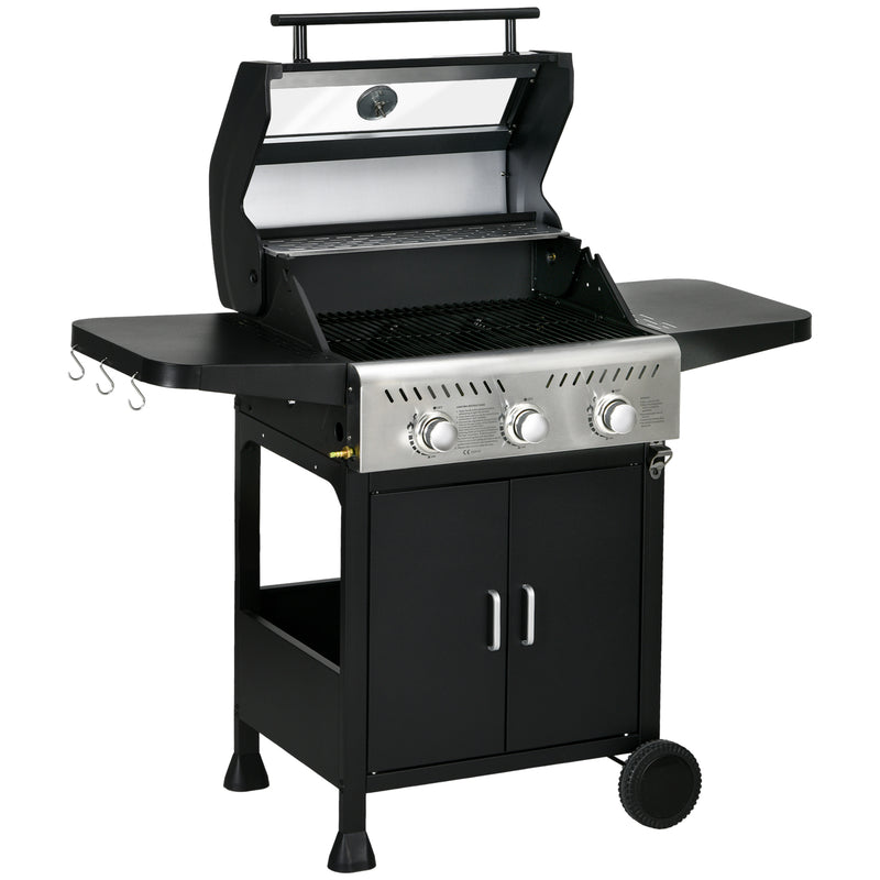 9 kW 3 Burner Gas BBQ Grill with See-through Lid, Black