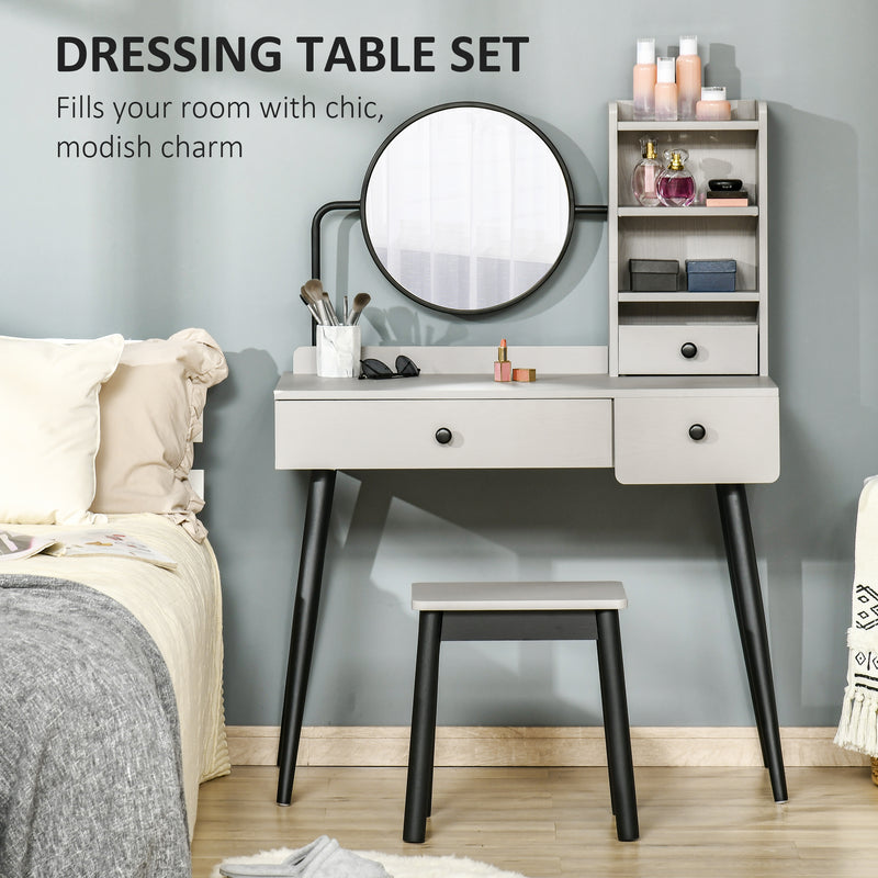 Dressing Table Set with Mirror and Stool, Vanity Makeup Table with 3 Drawers and Open Shelves for Bedroom, Living Room, Grey