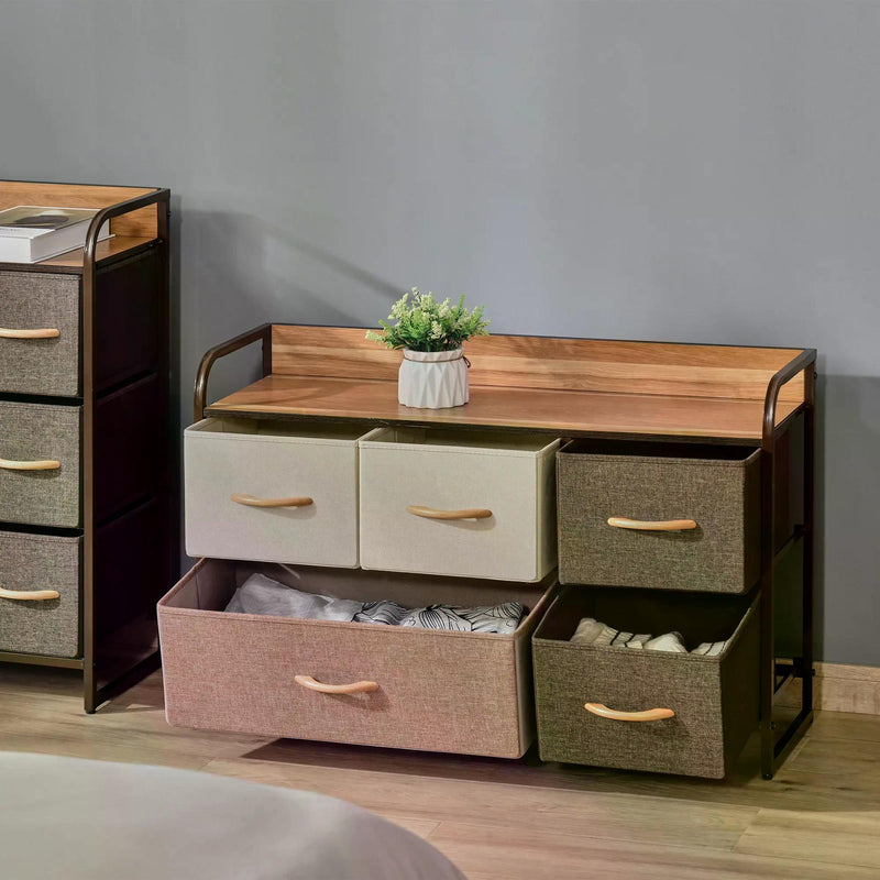 5-Drawer Dresser, Linen Fabric Chest of Drawers, Dresser Tower Unit for Bedroom Hallway Entryway, Storage Organizer with Steel Frame Wooden Top