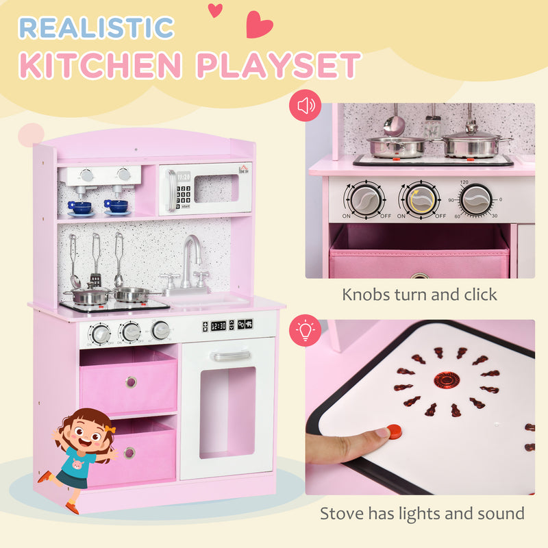 Wooden Play Kitchen with Lights and Sound, Kids Kitchen Playset with Coffee Maker Microwave Sink Utensils Storage Bins, Pretend Role Play Pink