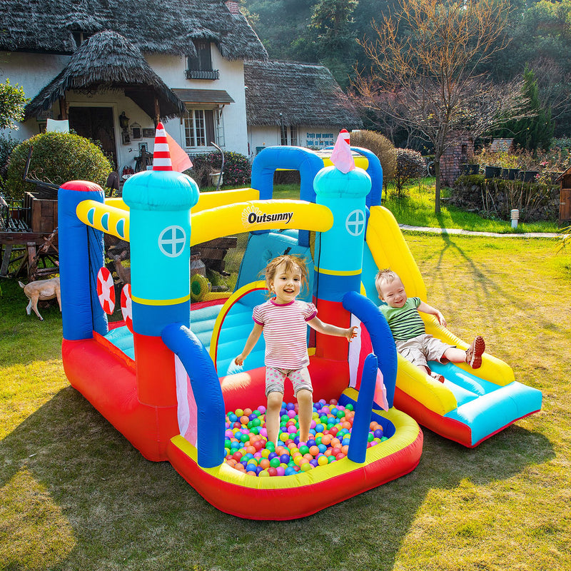 4 in 1 Kids Bounce Castle Large Sailboat Style Inflatable House Slide Trampoline Water Pool Climbing Wall for Kids Age 3-8, 2.65 x 2.6 x 2m
