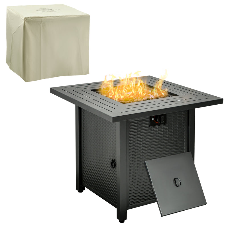 Square Propane Gas Fire Pit Table, 40000 BTU Rattan Smokeless Firepit Patio Heater w/ Protective Cover, Lava Rocks and Lid, 71x71x62cm, Black