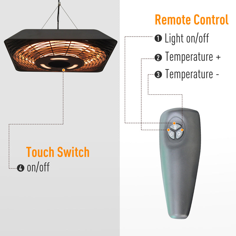 2000W Electric Hanging Patio Heater Ceiling Mounted Halogen Heating Indoor Outdoor with Remote Control Aluminium